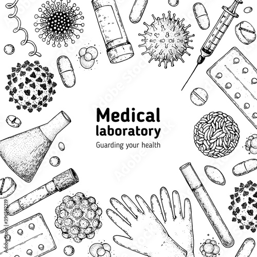 Stop coronavirus illustration. Medicinal tools, laboratory equipment, corona virus sketch. Medical illustration. Hand drawn design.