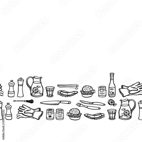 Summer Barbecue Garden Party Border. Seamless Vector Background. Brush Pen Design. Kitchen Tools. Food, Kitchen Wear, Summer Party. Vector EPS 10 Tile.