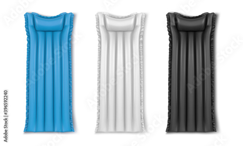 Inflatable mattress realistic 3D, pool and beach floating air bed, vector mockup. White and black realistic inflatable mattress for swimming or sleeping with pillow, summer sea vacations objects