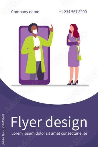 Man in mask on phone screen explaining something to woman. Smartphone, quarantine, virus flat vector illustration. Pandemic and protection concept for banner, website design or landing web page