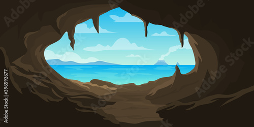 illustration of cave facing the sea with erupting mountains in the background