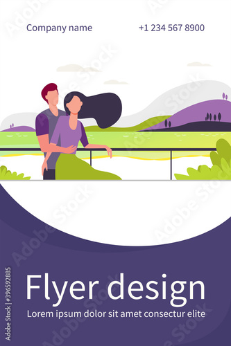 Dating couple enjoying vacation by sea. Man and woman hugging on beach flat vector illustration. Tourism, leisure, summer concept for banner, website design or landing web page