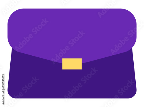 Handbag or woman leather sack isolated. Vector traveling bag, transportation object in purple color. Logistics worldwide, valise icon. Modern hand luggage with metal clip, fashion vogue bag