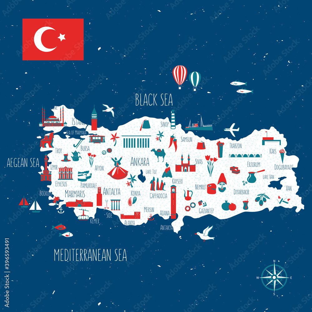 Turkey cartoon travel map vector illustration, landmark Galata tower of Istanbul, Mount Nemrut, Pamukkale, Anitkabir, Selimiye mosque, Izmir clock tower, library of Celsus, turkish symbol Trojan horse Turkey cartoon travel map vector illustration, landmark Galata tower of Istanbul, Mount Nemrut, Pamukkale, Anitkabir, Selimiye mosque, Izmir clock tower, library of Celsus, turkish symbol Trojan horse