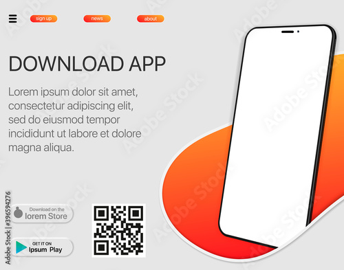 page banner advertising for downloading an app for mobile phone, smartphone. Download buttons with scan qr code template.