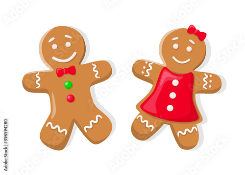Holiday gingerbread of snowman, smiling girl in dress and boy with bow and buttons. Happy New Year decoration in flat style isolated on white vector