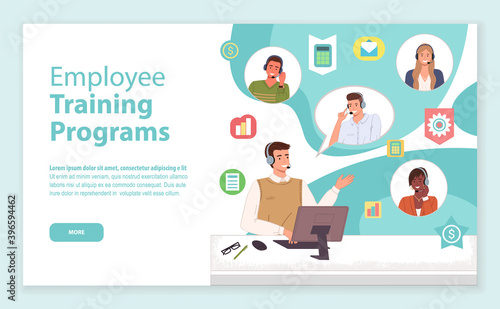 Landing page of website. Employee training programs. Educational programs for new workers. Consultants or operators of call center, hotline. Manager working with novice team using headset and computer