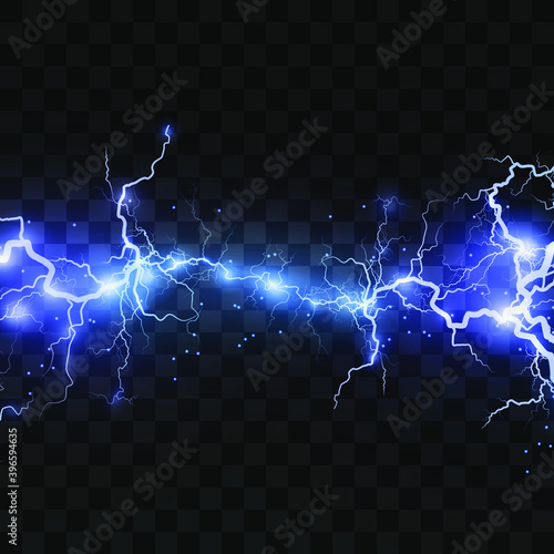 Realistic lightning bolts on a black transparent background. the charge of energy is powerful.Accumulation of electric orange and blue charges.A natural phenomenon. Magic effect. Lightning PNG.	