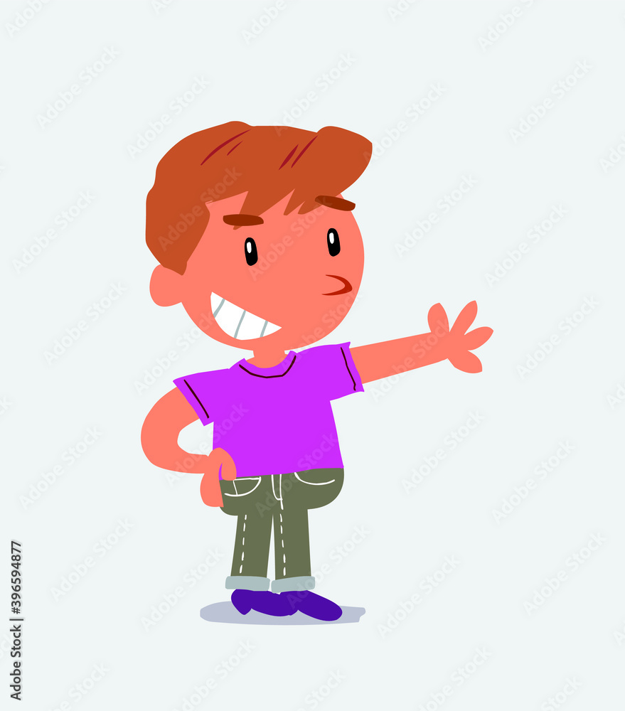 Pleased cartoon character of little boy on jeans points to something