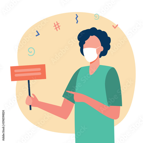 Cartoon person in mask holding protest banner. Protection, pandemic, disagreement flat vector illustration. Demonstration and opinion concept for banner, website design or landing web page