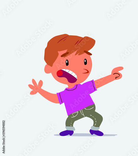 Scared cartoon character of little boy on jeans points to the side