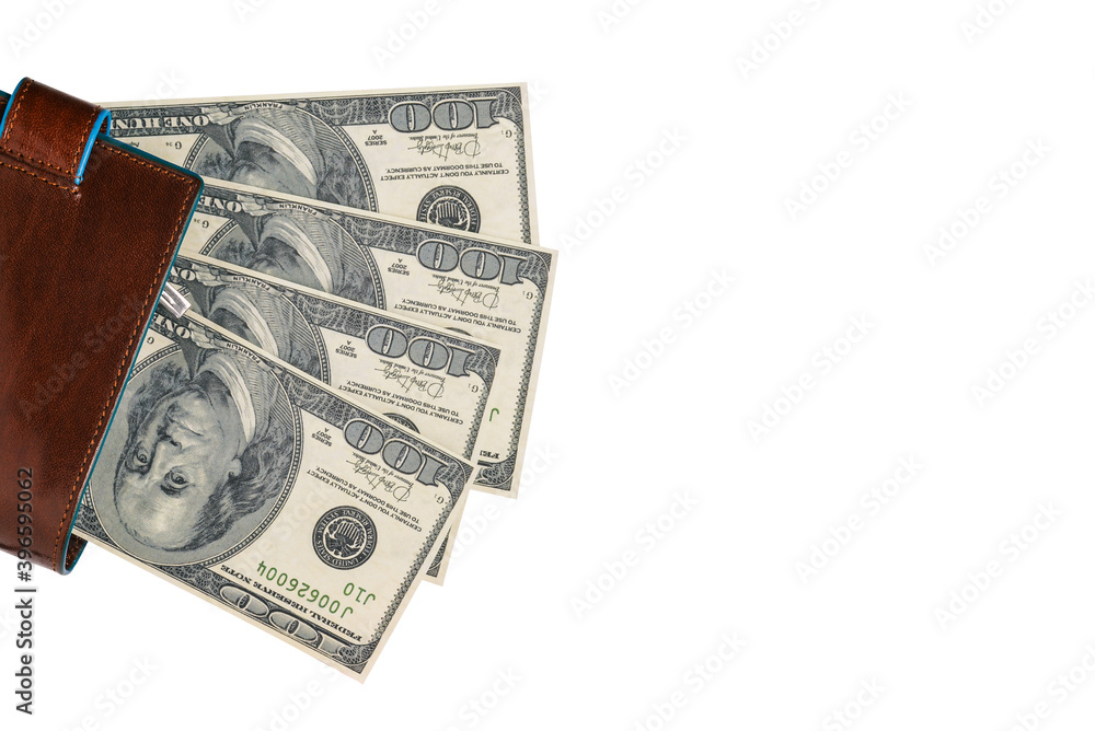 Male wallet with dollars isolated on a white background. Cash close up with copy space. Hundred dollar bills. Finance and wealth concept Male wallet with dollars isolated on a white background. Cash close up with copy space. Hundred dollar bills. Finance and wealth concept