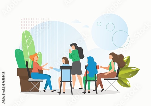 Female patients having problems sitting in circle and talking, flat vector illustration. Support group therapy.