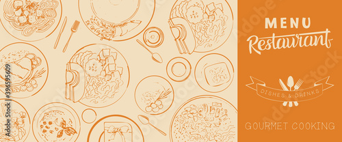 Menu template for a restaurant. Cover of a brochure with dishes drawn in the style of a sketch.