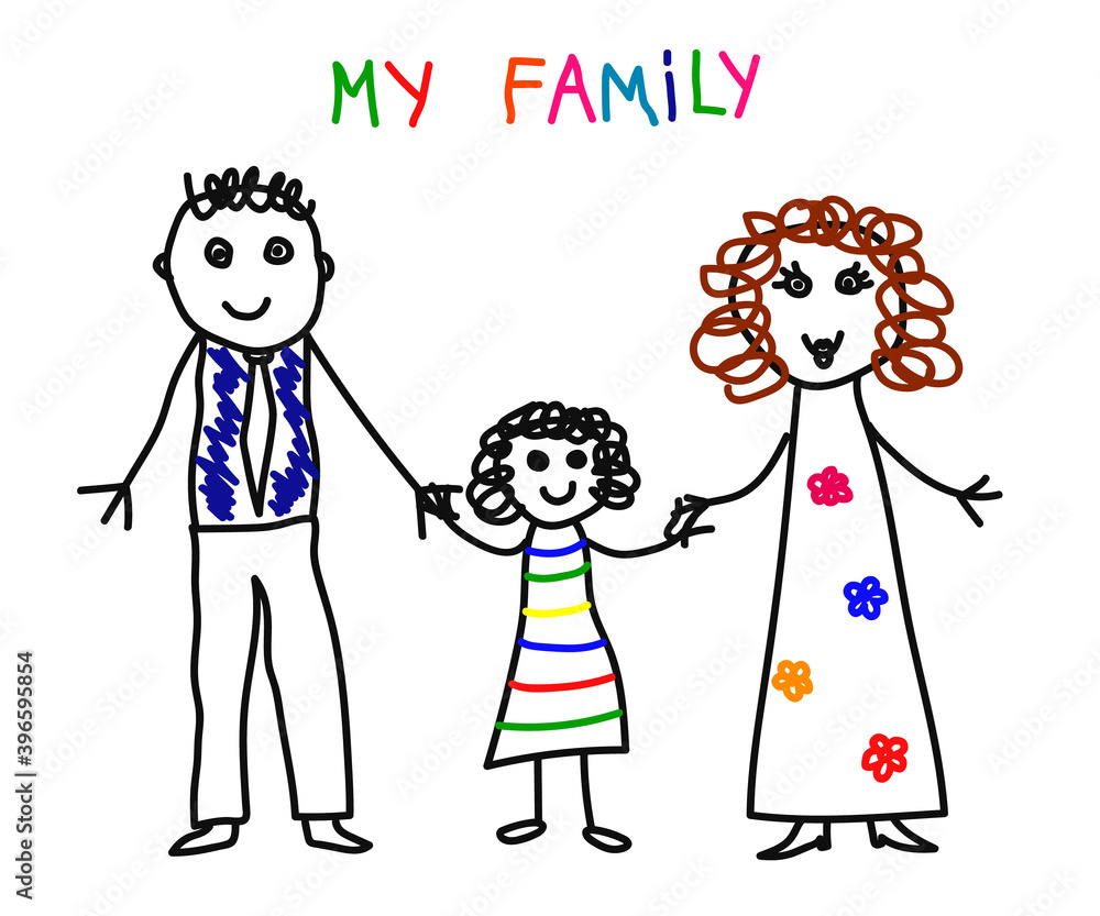 Happy family on a white background. Children's drawing. Illustration. Happy family on a white background. Children's drawing. Illustration.
