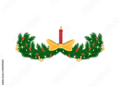 Spruce tree branches, burning candle decorated by bow, pine cones, white viscum and red balls, winter and New Year holidays decoration isolated vector icon