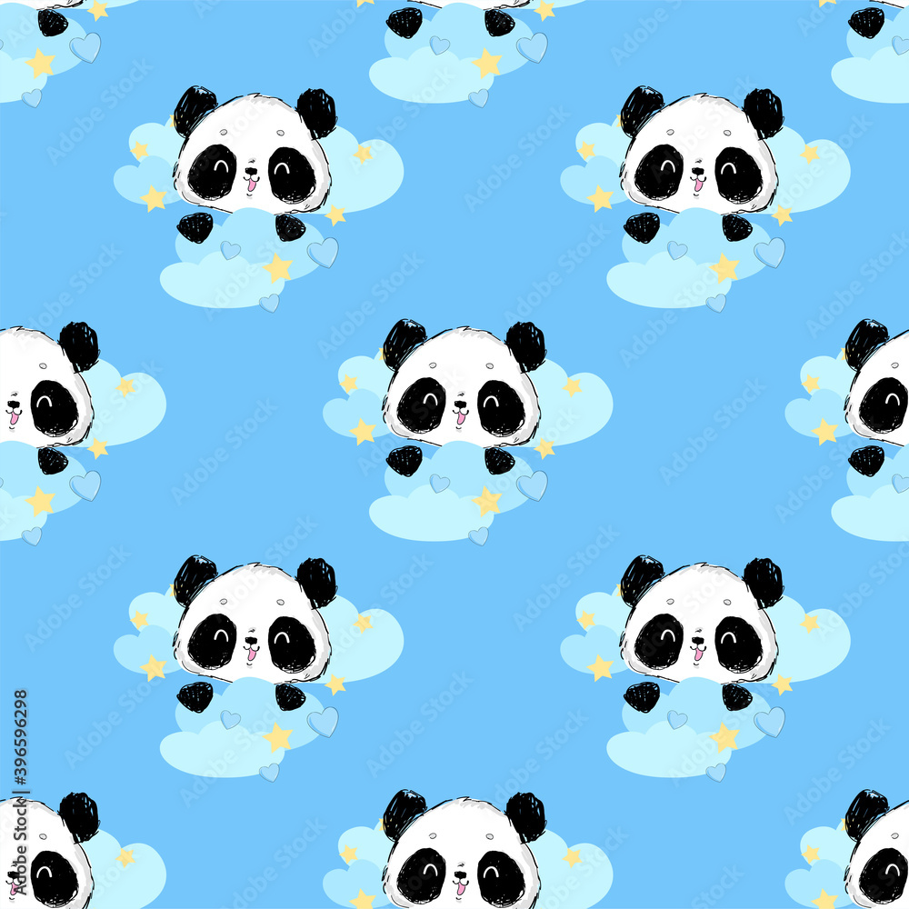 Fototapeta premium Hand drawn Cute panda background pattern seamless. Clouds with stars. Childish design print for pajamas. Vector.