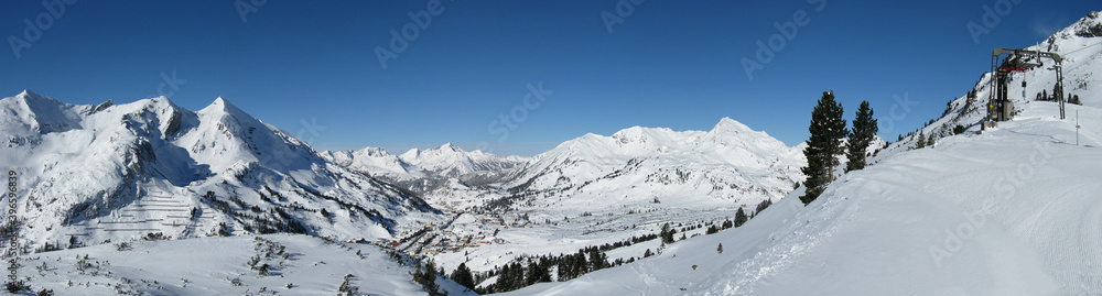 Winter panoramic shot of alpine mountain ski resort. Area Salzburg, Lungau, Obertauern, Austria.