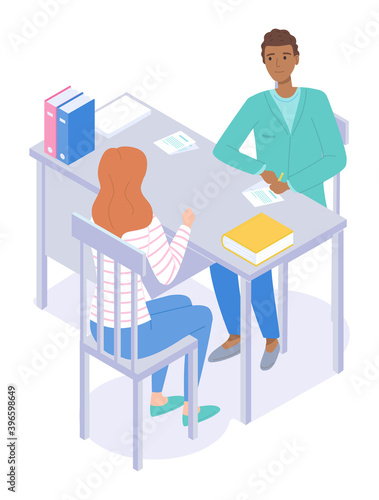 Consultation with doctor. Woman patient sitting at chair, talking with doctor. Black skin man writting notes sitting at table. Checking health in doctor in clinic. Therapist or physician consultating