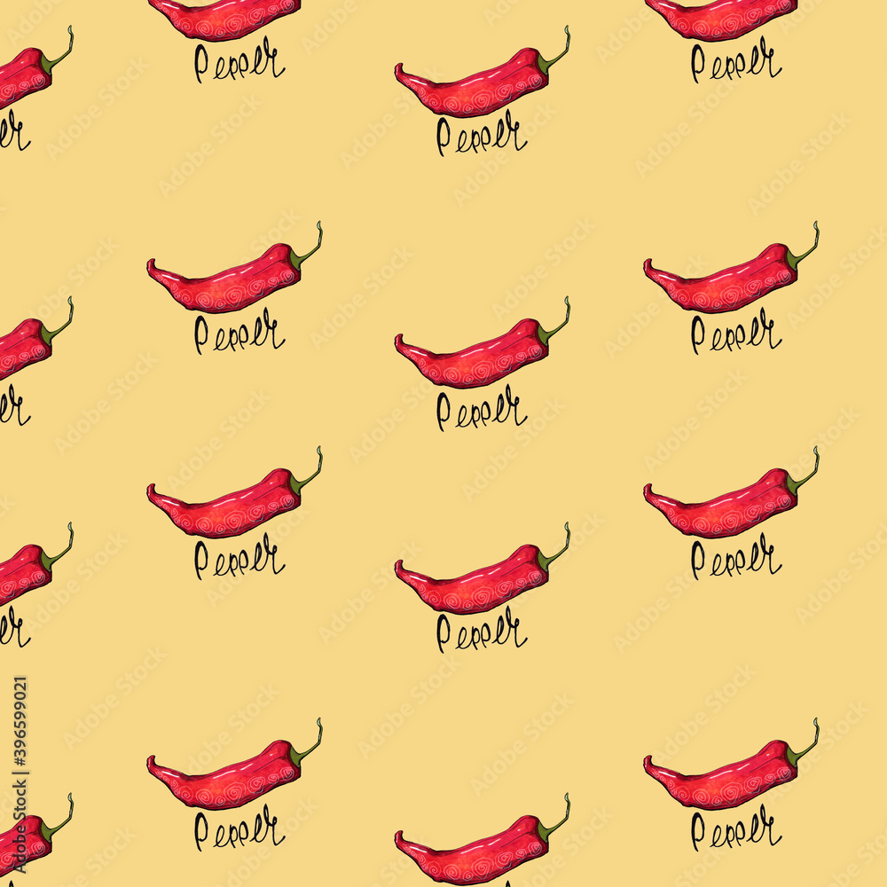 watercolor illustration seamless pattern bright hot pepper on a colored background,lettering watercolor illustration seamless pattern bright hot pepper on a colored background,lettering