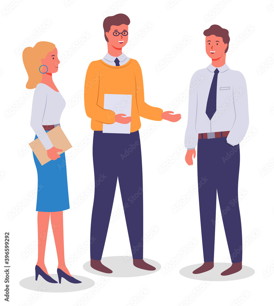 Business meeting, communicating colleagues, woman and men partners, standing businesspeople, businesswoman discuss new project or startup with businessman, teamwork, office workers conversation Business meeting, communicating colleagues, woman and men partners, standing businesspeople, businesswoman discuss new project or startup with businessman, teamwork, office workers conversation