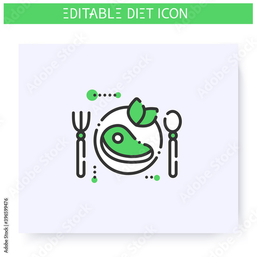 Paleo diet line icon. Paleolithic diet type, including lean meat. Weight loss. Portion control. Healthy eating. Dietary nutrition. Slimming concept. Isolated vector illustration. Editable stroke 