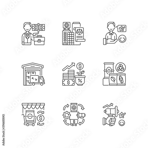 Business linear icons set. Customizable thin line contour symbols. Legal and customer service. Trading business management and promotion. Isolated vector outline illustrations. Editable stroke