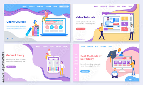 Set of video tutorials and online courses, library and methods for self study. Laptop screen with educational materials and explanation. Website or webpage template, landing page, vector in flat style