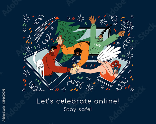 Vector illustration of happy friends on smartphone screens meeting remotely online to greet each other with Holidays and wish a Merry Christmas. Cheerful people celebrate New Year, exchange gifts