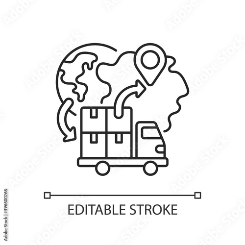 Import linear icon. Freight trucking business thin line customizable illustration. Contour symbol. Worldwide delivery and auto transportation services. Vector isolated outline drawing. Editable stroke