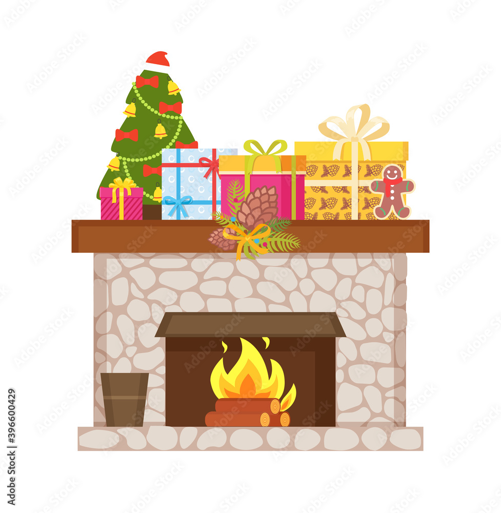 Fototapeta premium Fireplace made of stone, topped by wrapped presents and gift boxes, vector Christmas home decoration. Mantelpiece with burning fire and logs in flame, isolated