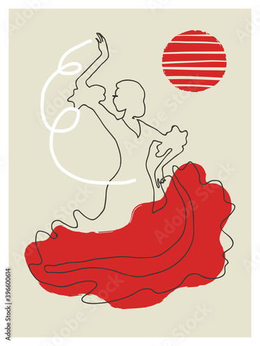 Flamenco dancer vector illustration. Spanish girl. Modern line art poster.