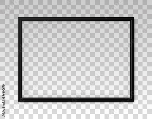 3D frame. Black frame isolated on background. Realistic modern border. Rectangular horizontal boarder with shadow. Design for picture, presentation, mockup, photo, poster, restaurant menu. Vector