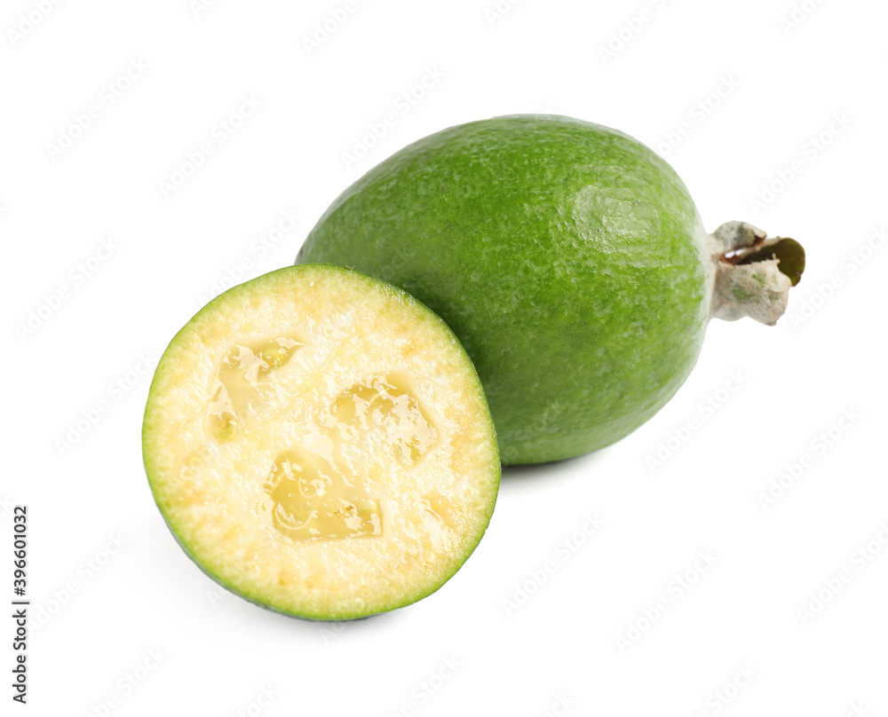 Whole and cut feijoa fruits on white background Whole and cut feijoa fruits on white background