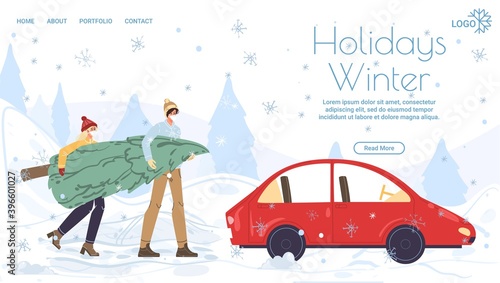 Flat cartoon happy family characters carry christmas tree -merry Xmas,happy New Year holiday concept