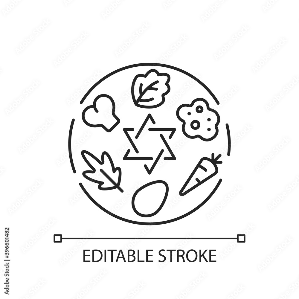 Passover Seder plate linear icon. Food platter. Symbolic foods. Six