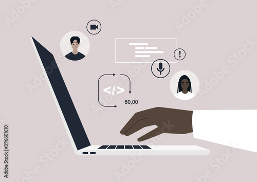 New technologies, a side view of an open laptop, millennials at work, a startup industry