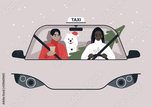 A front view of a taxi cab, Christmas holidays, a driver and a passenger on a front seat with a dog and a xmas tree on a backseat, urban lifestyle