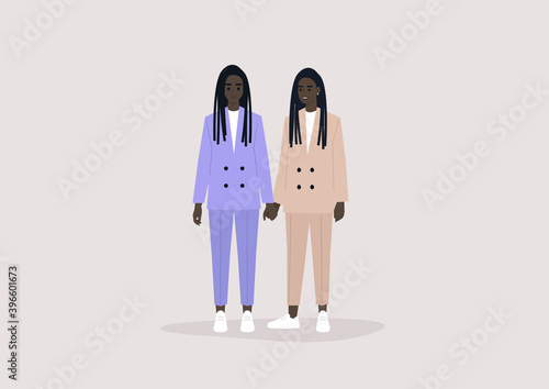 Two identical twin Black sisters wearing pastel suits and holding hands