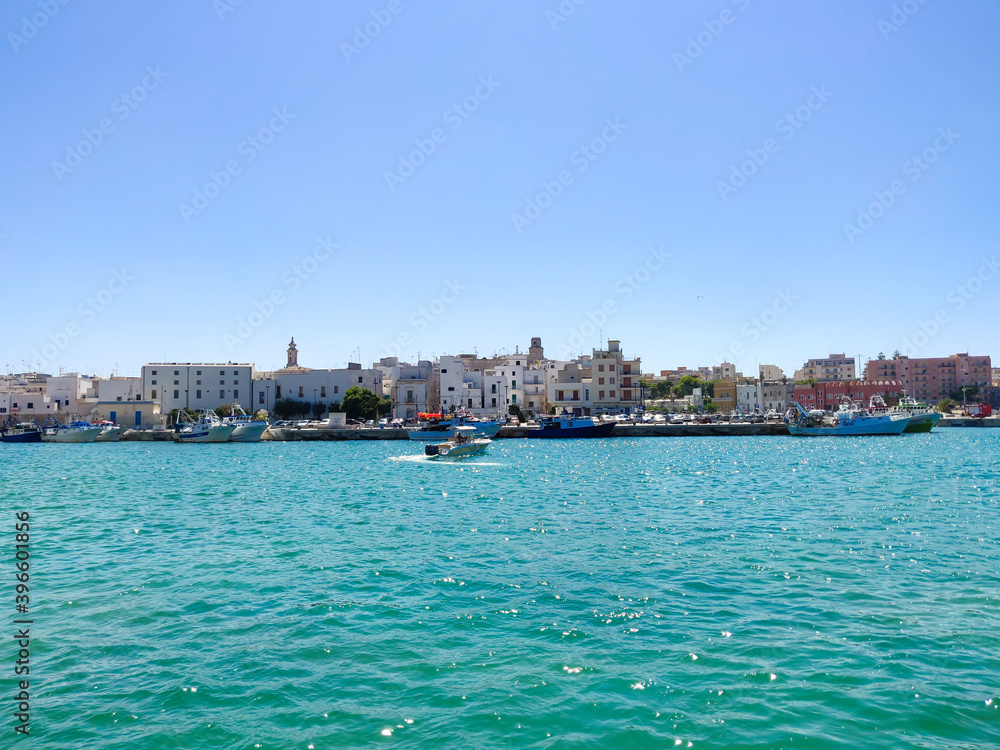 View of small european city from the sea. Monopoli,, region of Apulia, southern Italy.