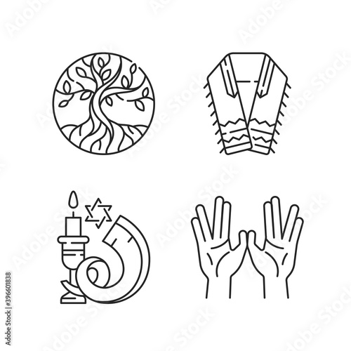 Judaism signs linear icons set. Life tree. Tallit and tzitzit. Shofar. Priestly blessing hands. Customizable thin line contour symbols. Isolated vector outline illustrations. Editable stroke