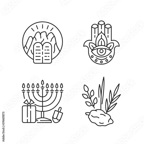 Judaism beliefs linear icons set. Stone Tablets. Hamsa Hand. Nine-branched menorah. Four species. Customizable thin line contour symbols. Isolated vector outline illustrations. Editable stroke