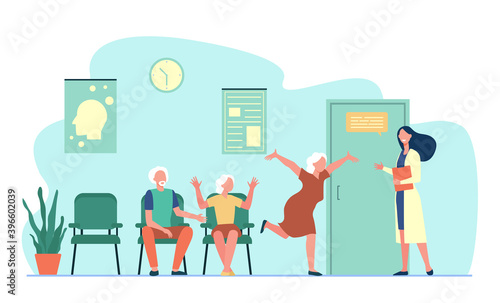 Happy senior people greeting doctor. Physician, grandmother, hospital flat vector illustration. Medicine and retirement concept for banner, website design or landing web page