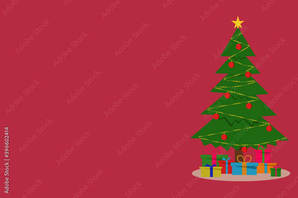 Christmas card template with a red background. Merry christmas. Christmas tree with presents on a red background. Christmas card template with a red background. Merry christmas. Christmas tree with presents on a red background.