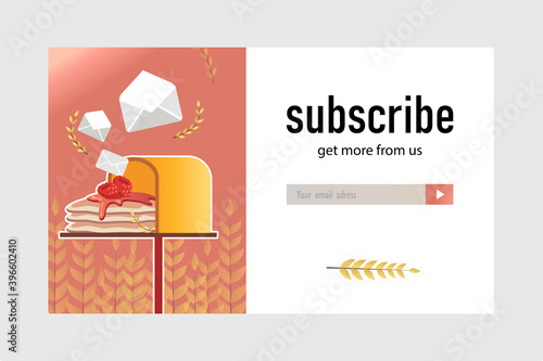 Email subscription design for bakery shop. Online newsletter template with delicious pancakes in mailbox. Pastry and confectionery concept. Design for website illustration