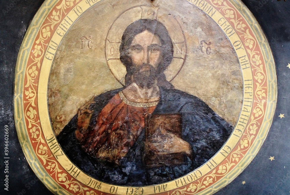 Fresco of Jesus Christ inside an old byzantine orthodox church in Athens, Greece - March 12 2020.