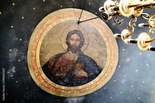 Fototapeta Fresco of Jesus Christ inside an old byzantine orthodox church in Athens, Greece - March 12 2020