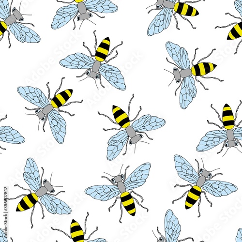 Sketch bee seamless pattern. Funny background with insects. Hand drawn design for wrapping, textile or honey package.