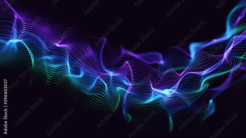 Fototapeta premium Glowing wavy lines background. Multi-coloured line particles with beautiful bokeh. Digital tech 3d perspective illustration