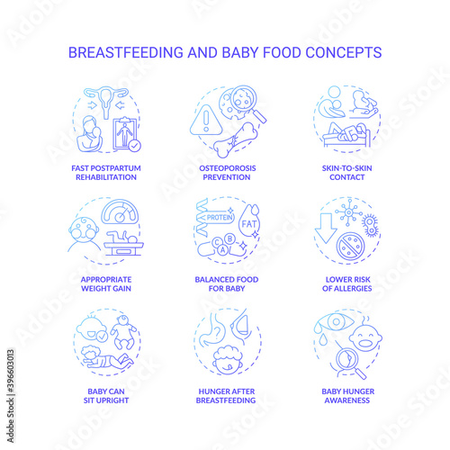 Breastfeeding and baby food concept icons set. Organic source of nutrition and vitamins for your baby. Motherhood idea thin line RGB color illustrations. Vector isolated outline drawings